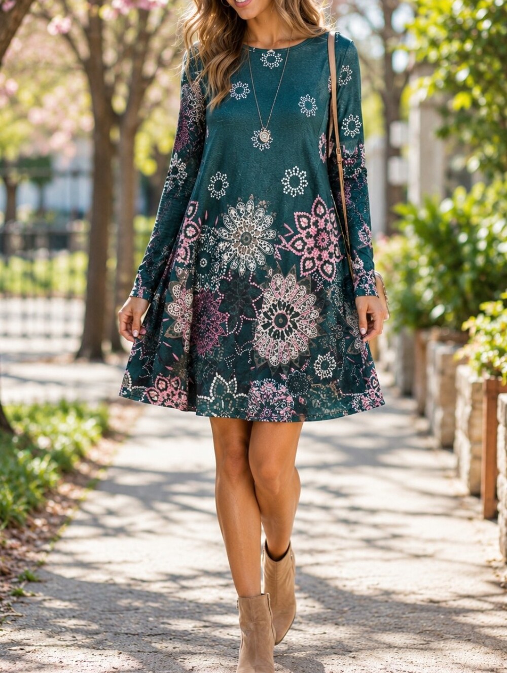 NWT Papillon Blanc Teal Floral Long-Sleeve Swing Dress Boho Cottagecore Goth